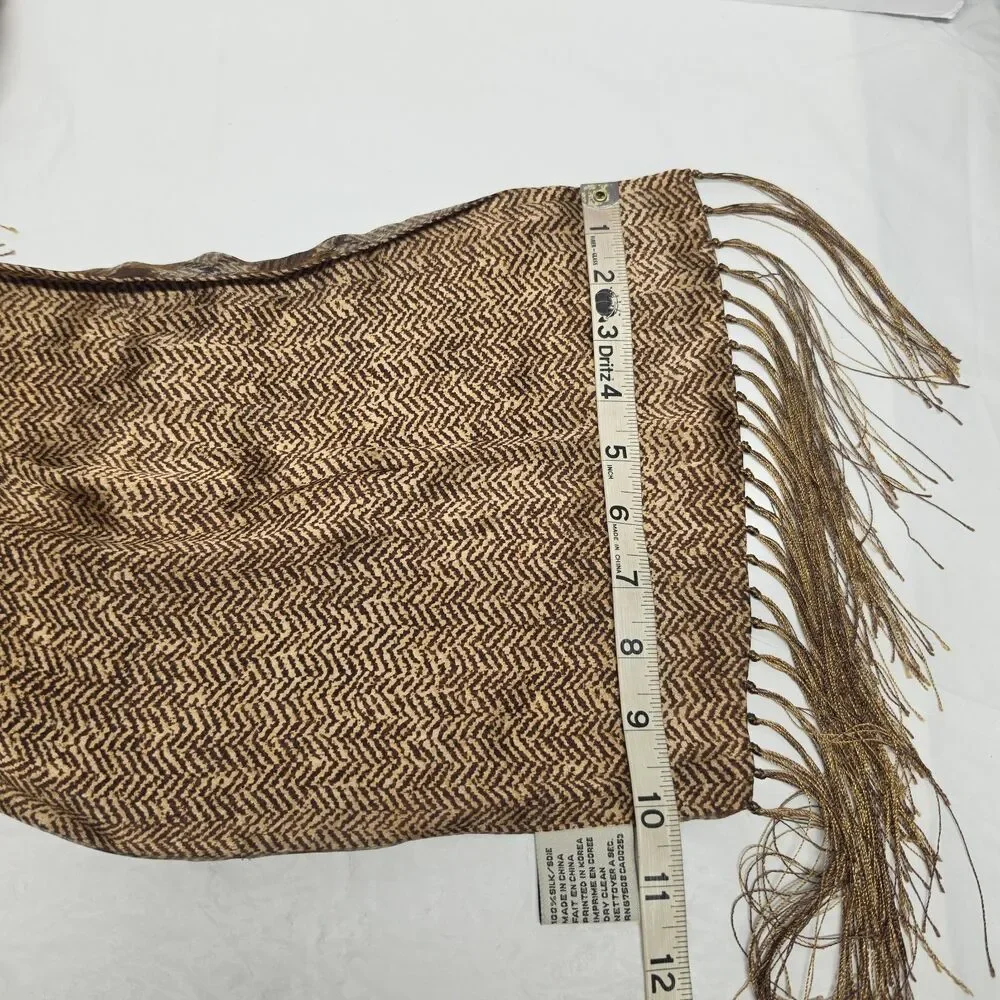 Vintage Anne Klein Silk Reversible Fringed Scarf Plaid Herringbone Tan Brown